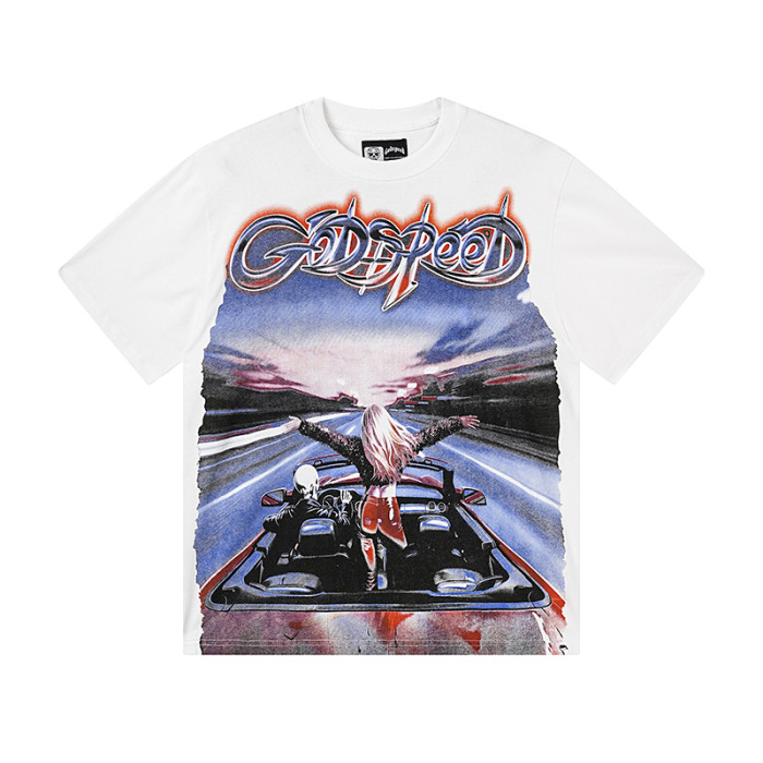 Script Letter Highway Driving Figure Gradient Blue Red GS Logo Double Printed Tee 29287468