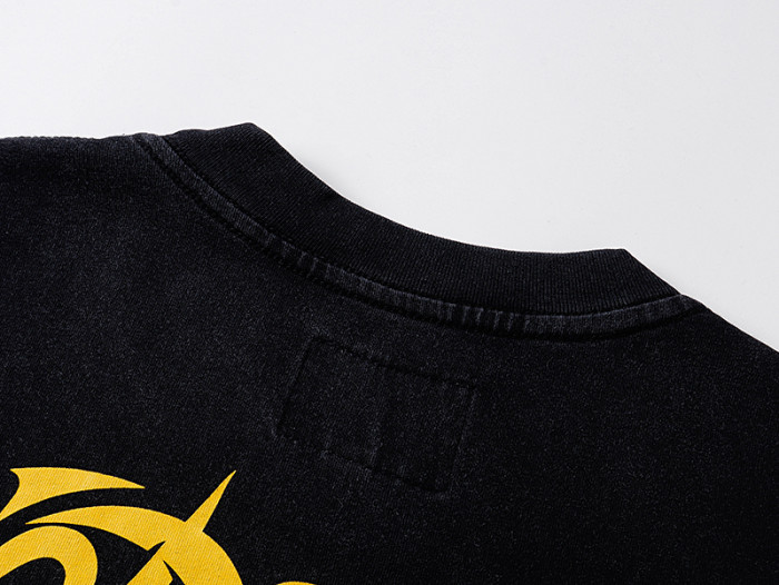 Burning Flame Skull Biker Yellow Cursive Logo Double Sided Print Tee 29287365