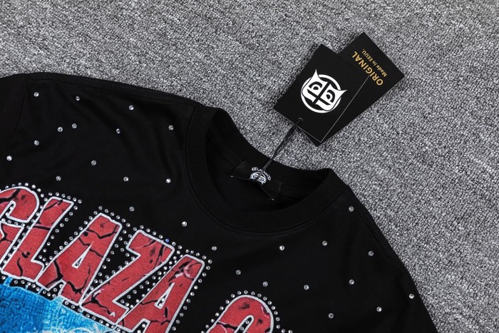 High Street Neck Rhinestone Laser Eyes Lady Rose Skull Graphic Double Sided Print T-Shirt 29287068