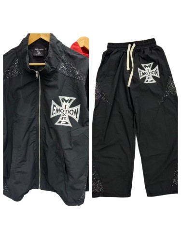 Rhinestone Panel Cross Graphic Stand Collar Windbreaker Jacket &Wide Leg Parachute Pants Set 29287107