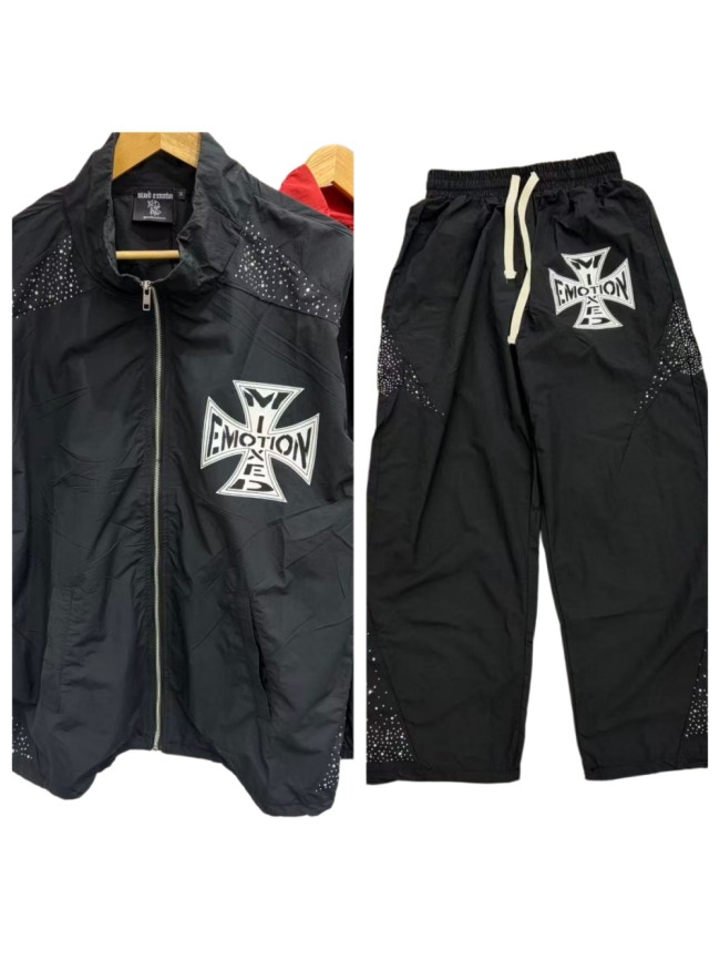 Rhinestone Panel Cross Graphic Stand Collar Windbreaker Jacket &Wide Leg Parachute Pants Set 29287107