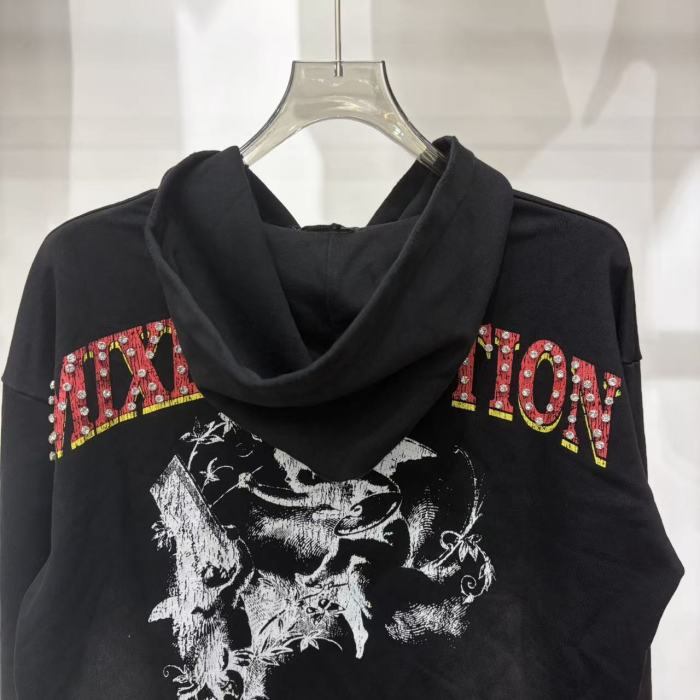High Street Washed Black Angel Art Rhinestone Letter Full Zip Oversized Hoodie 29287174
