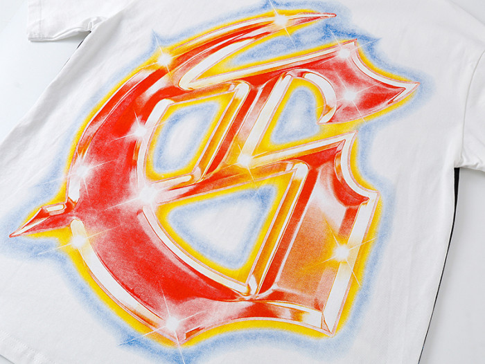 Cosmic Shooting Star Liberty Skull Gradient Red Gold Sparkle GS Logo Double Sided Print Tee 29287477