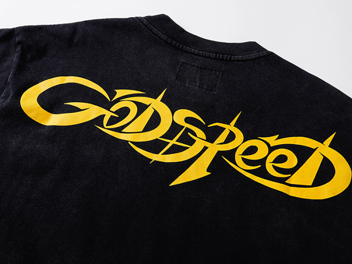 Burning Flame Skull Biker Yellow Cursive Logo Double Sided Print Tee 29287365