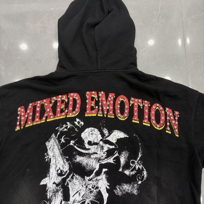 High Street Washed Black Angel Art Rhinestone Letter Full Zip Oversized Hoodie 29287174