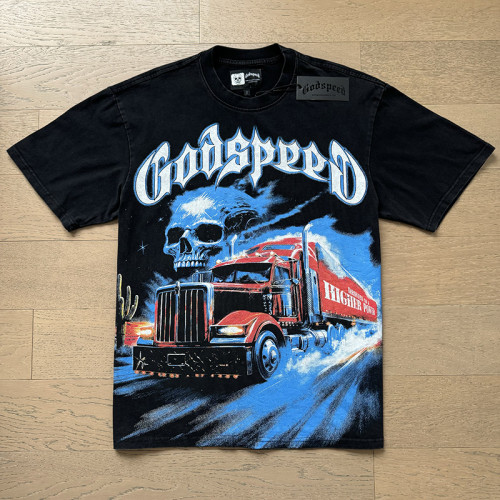 Western Desert Semi Truck Skull Gothic Script Higher Power Slogan Double Sided Print Tee 29287429