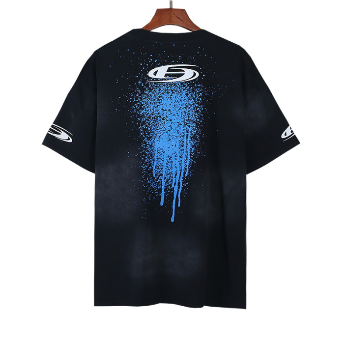 Script Logo Blue Paint Splatter Drip Double Sided Print Oversized Tee 29287283