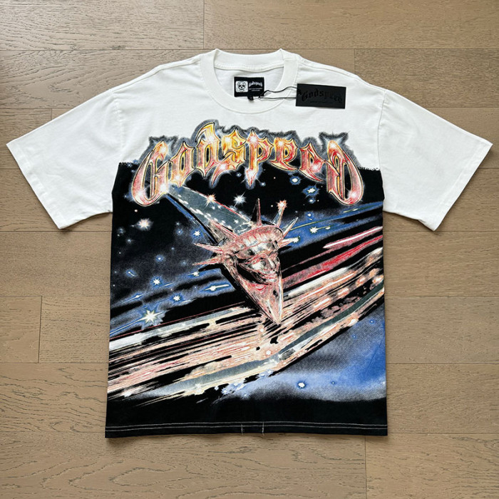 Cosmic Shooting Star Liberty Skull Gradient Red Gold Sparkle GS Logo Double Sided Print Tee 29287477