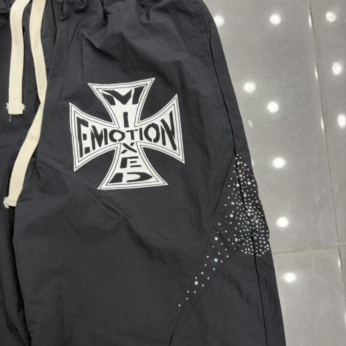 Rhinestone Panel Cross Graphic Stand Collar Windbreaker Jacket &Wide Leg Parachute Pants Set 29287107