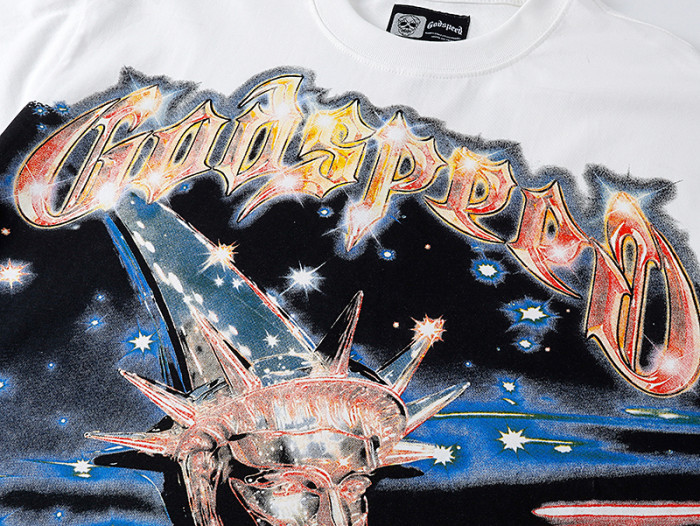 Cosmic Shooting Star Liberty Skull Gradient Red Gold Sparkle GS Logo Double Sided Print Tee 29287477
