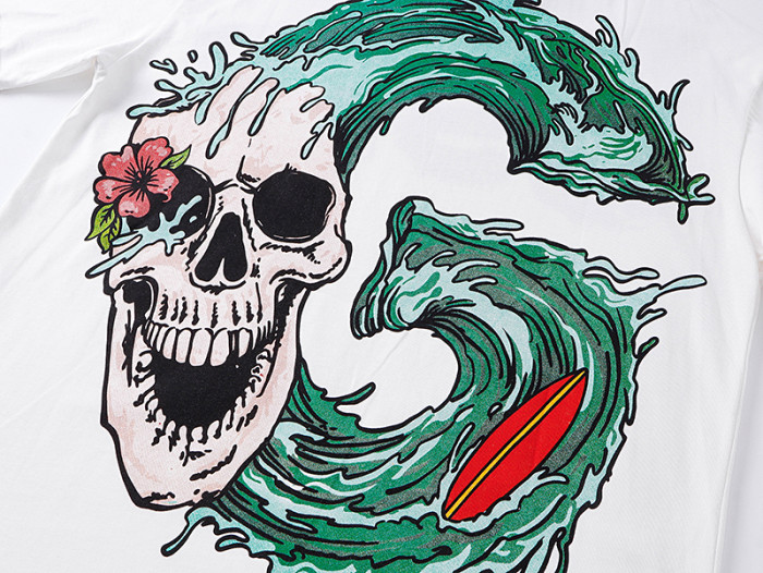 Tropical Palm Hibiscus Letter Ocean Wave Surf Skull Double Sided Print Tee 29287463
