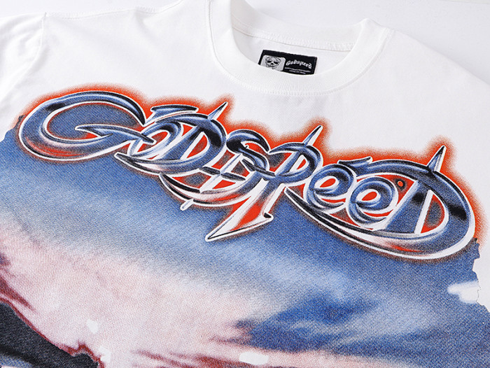 Script Letter Highway Driving Figure Gradient Blue Red GS Logo Double Printed Tee 29287468