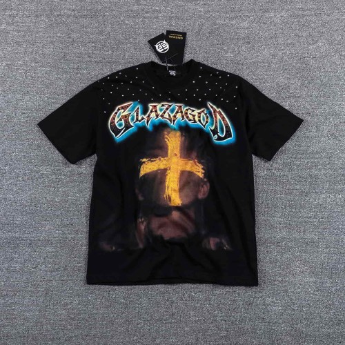 High Street Neck Rhinestone Cross Portrait Gradient Letter Double Sided Print T-Shirt 29287063