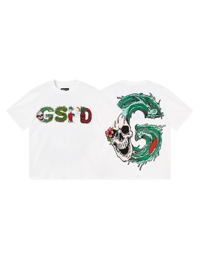 Tropical Palm Hibiscus Letter Ocean Wave Surf Skull Double Sided Print Tee 29287463