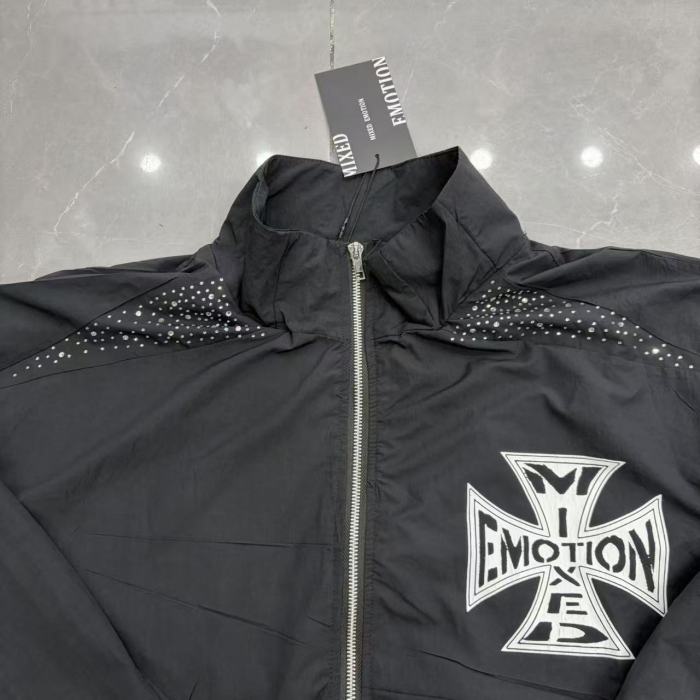 Rhinestone Panel Cross Graphic Stand Collar Windbreaker Jacket &Wide Leg Parachute Pants Set 29287107