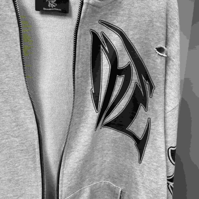 Distressed Slash Detail Gothic Spike Letter Front Back & Sleeve Print Full Zip Oversized Hoodie 29287186