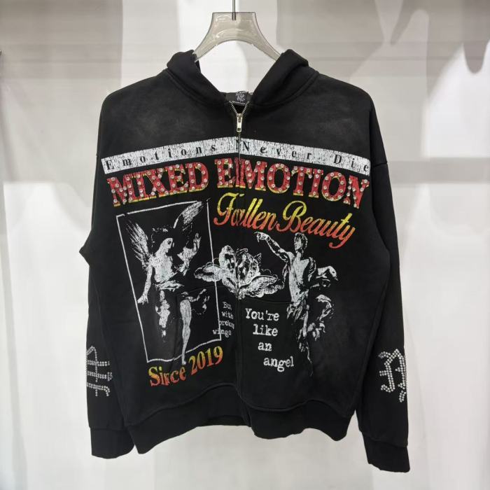 High Street Washed Black Angel Art Rhinestone Letter Full Zip Oversized Hoodie 29287174