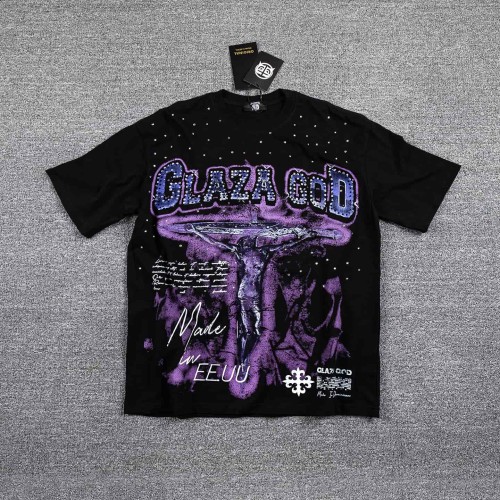 Neck Rhinestone Purple Jesus Cross Script Slogan Double Sided Print T-Shirt 29287091
