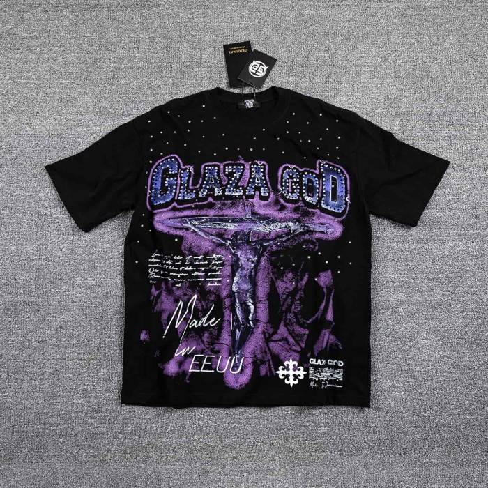 Neck Rhinestone Purple Jesus Cross Script Slogan Double Sided Print T-Shirt 29287091
