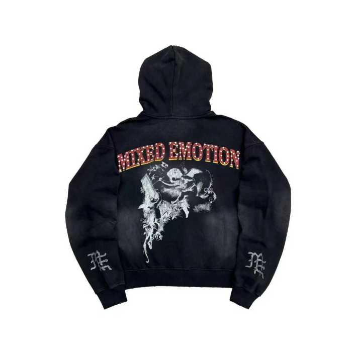 High Street Washed Black Angel Art Rhinestone Letter Full Zip Oversized Hoodie 29287174