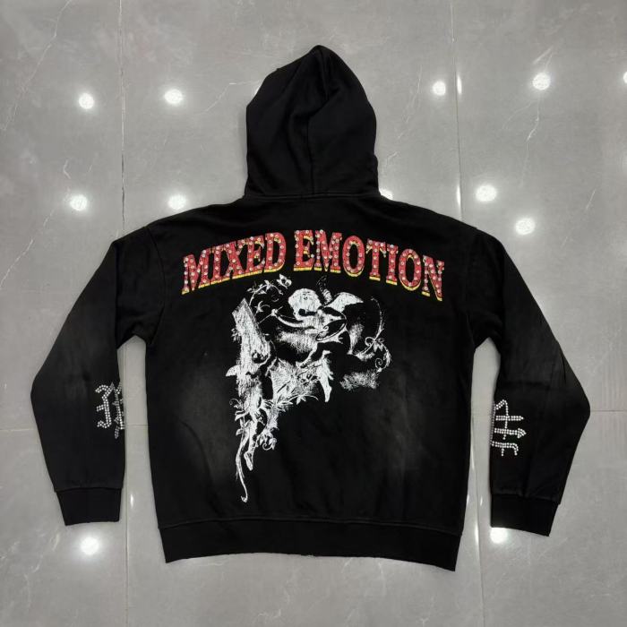 High Street Washed Black Angel Art Rhinestone Letter Full Zip Oversized Hoodie 29287174