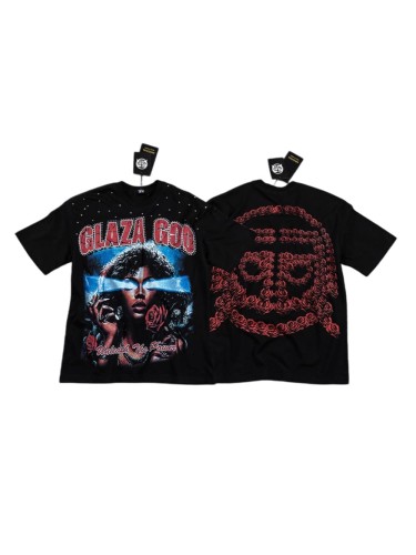 High Street Neck Rhinestone Laser Eyes Lady Rose Skull Graphic Double Sided Print T-Shirt 29287068