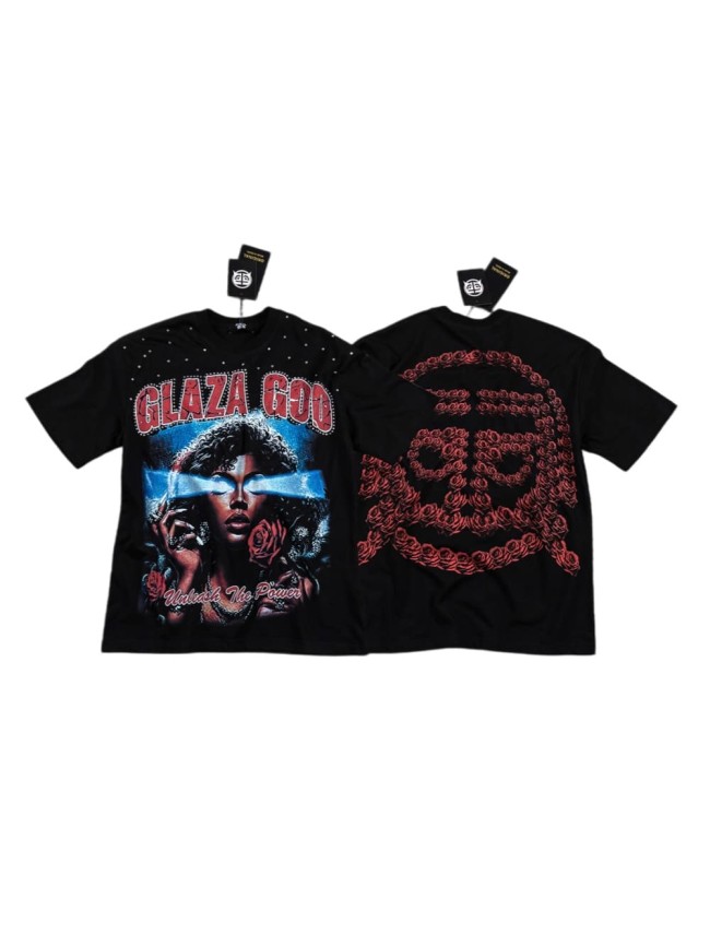 High Street Neck Rhinestone Laser Eyes Lady Rose Skull Graphic Double Sided Print T-Shirt 29287068