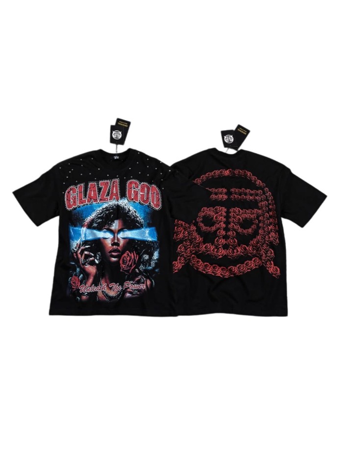 High Street Neck Rhinestone Laser Eyes Lady Rose Skull Graphic Double Sided Print T-Shirt 29287068
