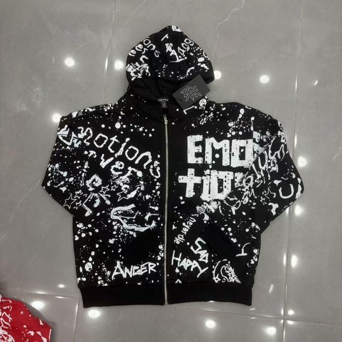 All Over White Paint Splatter Graffiti Emotion Letter Full Zip Oversized Hoodie 3 colors 29287194