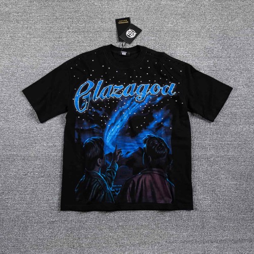 Neck Rhinestone Galaxy Stargazing Figure Logo Double Sided Print T-Shirt 29287076