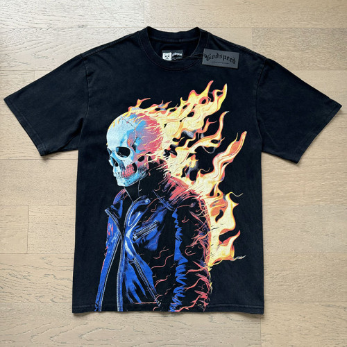 Burning Flame Skull Biker Yellow Cursive Logo Double Sided Print Tee 29287365