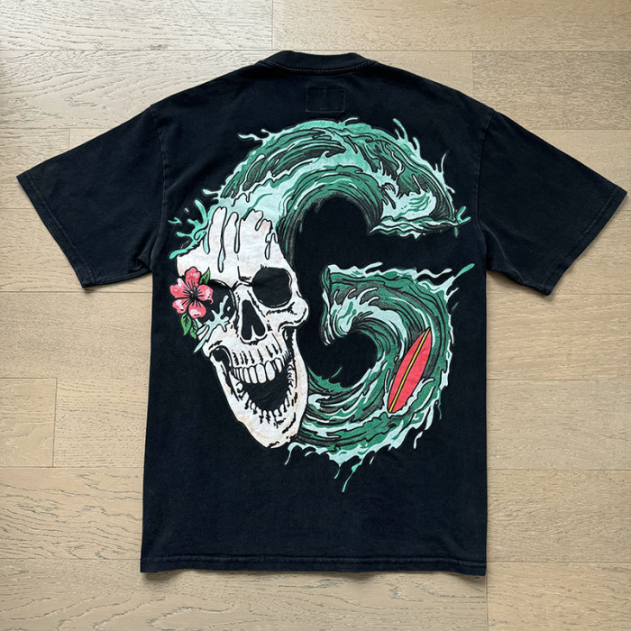 Tropical Wave Surf Skull Hibiscus Double Sided Print Oversized Tee 29287359