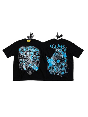 High Street Dark Metal Style Blue Distorted Female Portrait Double Sided Print T-Shirt 29287095