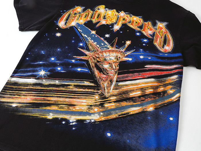Shooting Star Liberty Skull Starry Sky Gradient Red Gold GS Logo Double Sided Print Tee 29287412