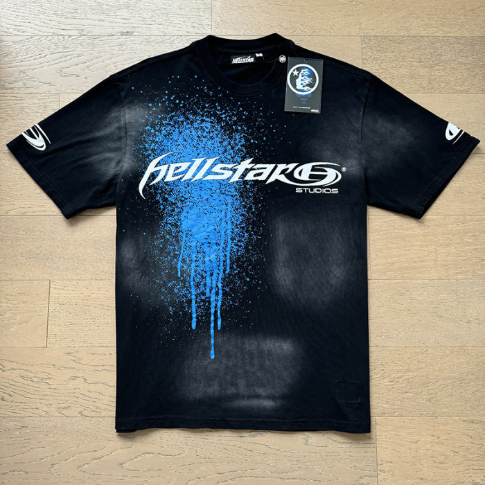 Script Logo Blue Paint Splatter Drip Double Sided Print Oversized Tee 29287283