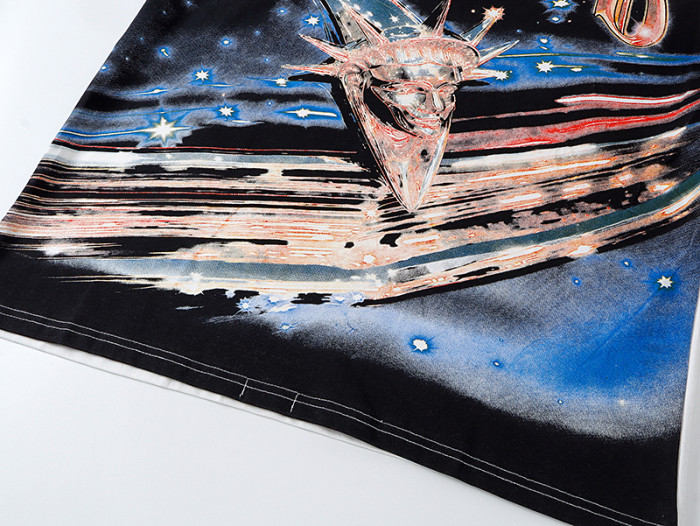 Cosmic Shooting Star Liberty Skull Gradient Red Gold Sparkle GS Logo Double Sided Print Tee 29287477