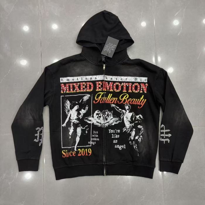 High Street Washed Black Angel Art Rhinestone Letter Full Zip Oversized Hoodie 29287174