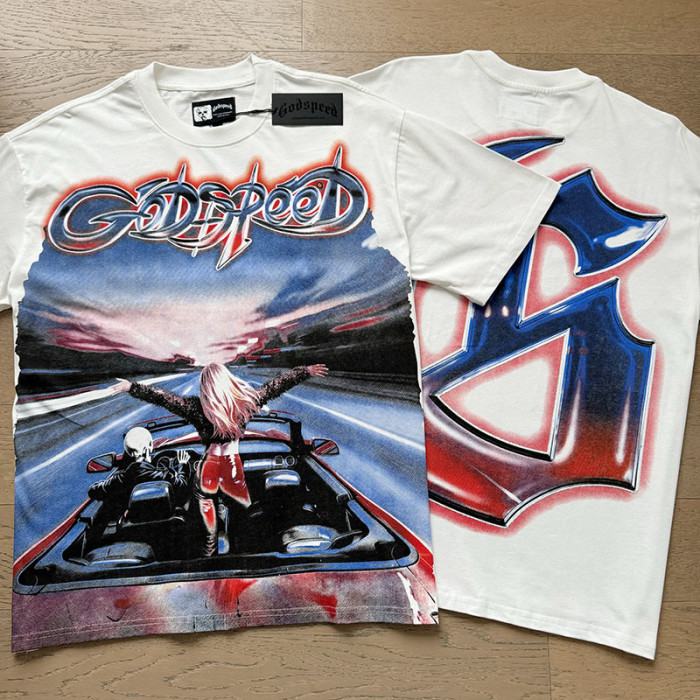 Script Letter Highway Driving Figure Gradient Blue Red GS Logo Double Printed Tee 29287468