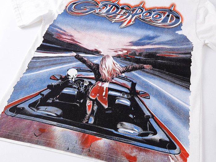 Script Letter Highway Driving Figure Gradient Blue Red GS Logo Double Printed Tee 29287468