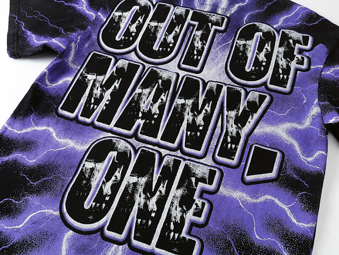 Lightning Background Checkered Suit Skull Racer Out Of Many One Slogan Double Sided Print Tee 29287370