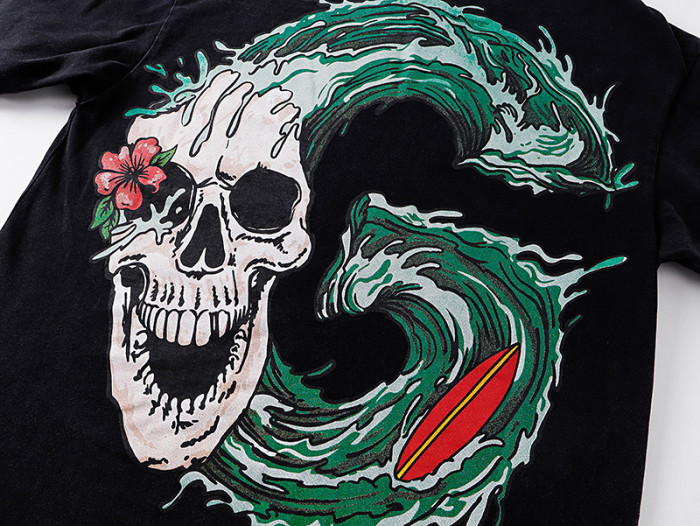 Tropical Wave Surf Skull Hibiscus Double Sided Print Oversized Tee 29287359