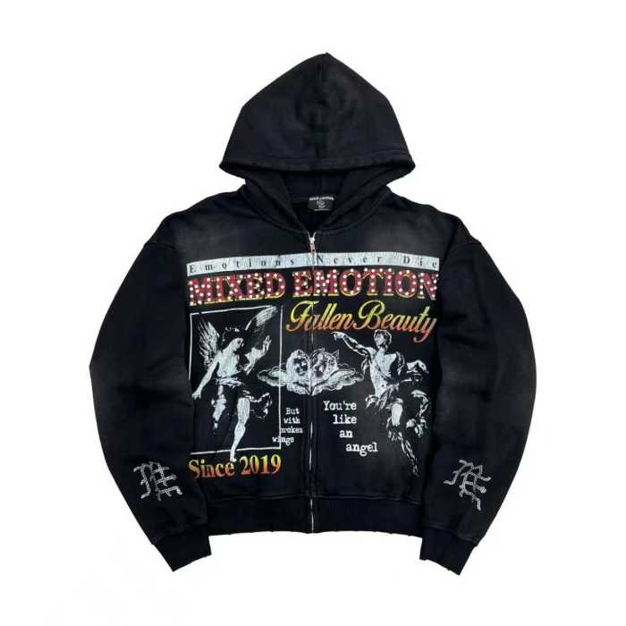 High Street Washed Black Angel Art Rhinestone Letter Full Zip Oversized Hoodie 29287174