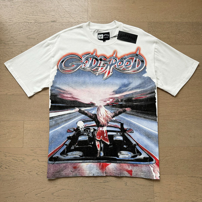 Script Letter Highway Driving Figure Gradient Blue Red GS Logo Double Printed Tee 29287468