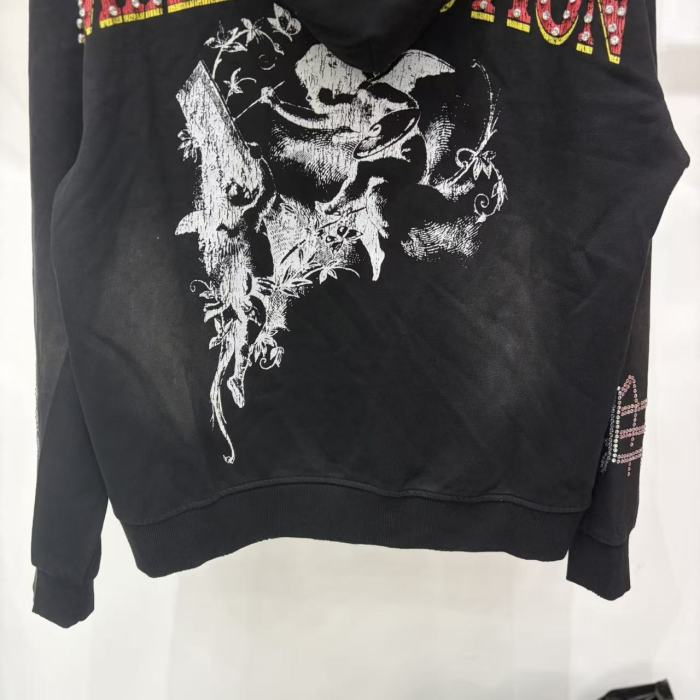 High Street Washed Black Angel Art Rhinestone Letter Full Zip Oversized Hoodie 29287174
