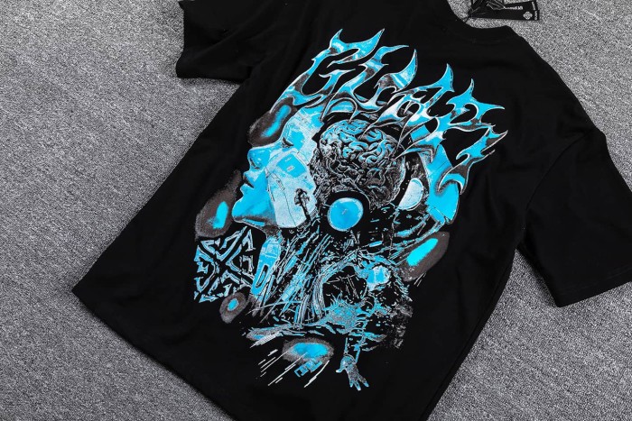 High Street Dark Metal Style Blue Distorted Female Portrait Double Sided Print T-Shirt 29287095