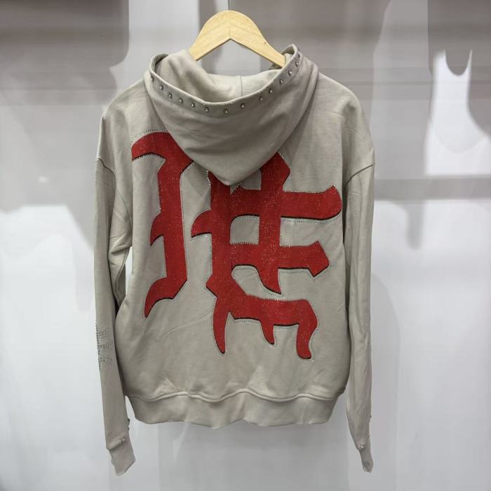 Light Gray Rhinestone Trim Cupid Print Front Back Chinese Character Full Zip Oversized Hoodie 29287183