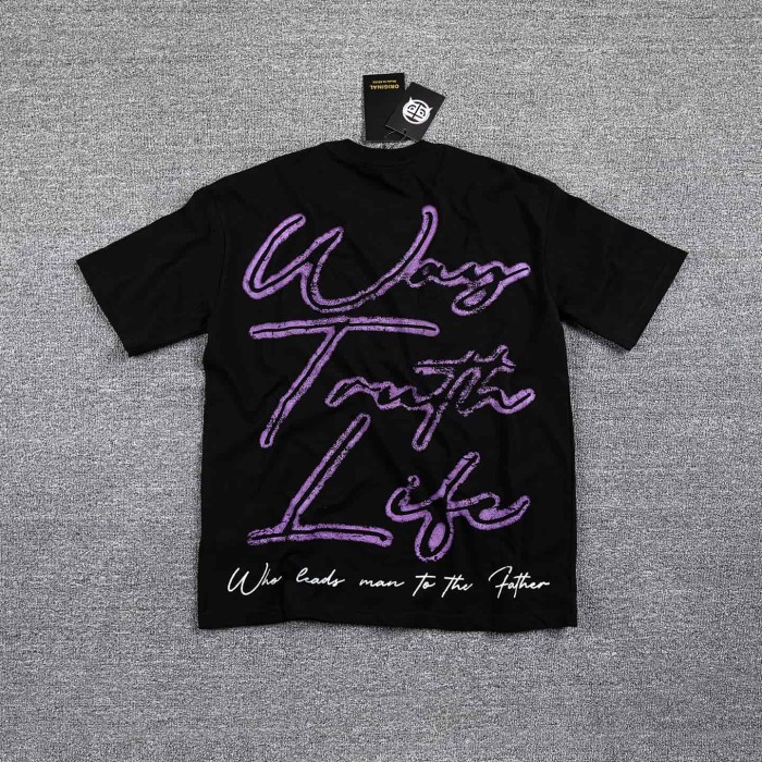Neck Rhinestone Purple Jesus Cross Script Slogan Double Sided Print T-Shirt 29287091