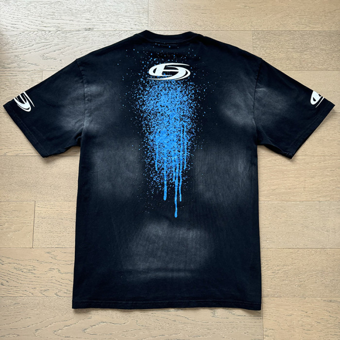 Script Logo Blue Paint Splatter Drip Double Sided Print Oversized Tee 29287283