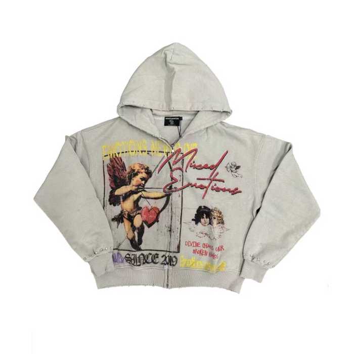 Light Gray Rhinestone Trim Cupid Print Front Back Chinese Character Full Zip Oversized Hoodie 29287183