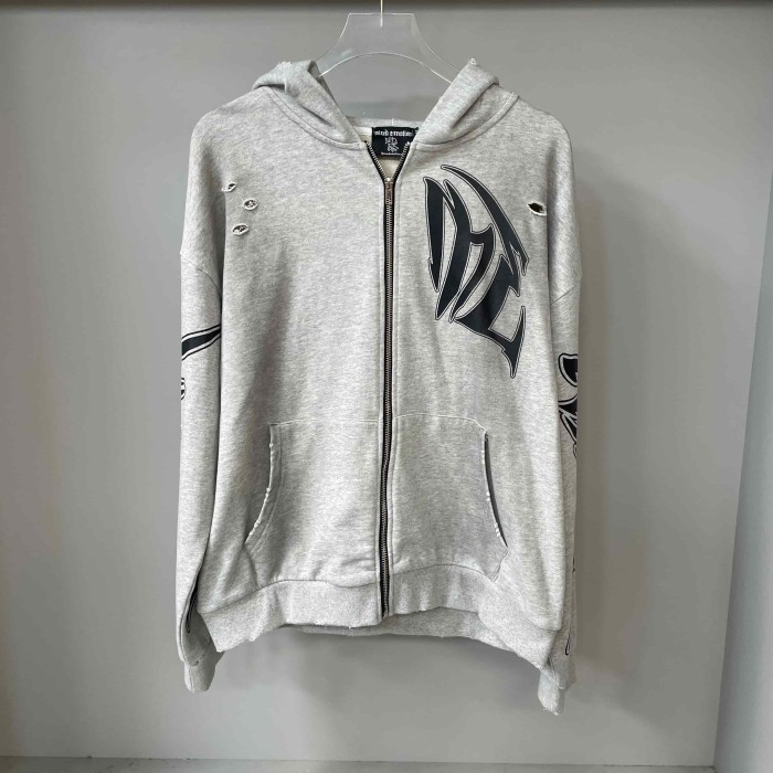 Distressed Slash Detail Gothic Spike Letter Front Back & Sleeve Print Full Zip Oversized Hoodie 29287186